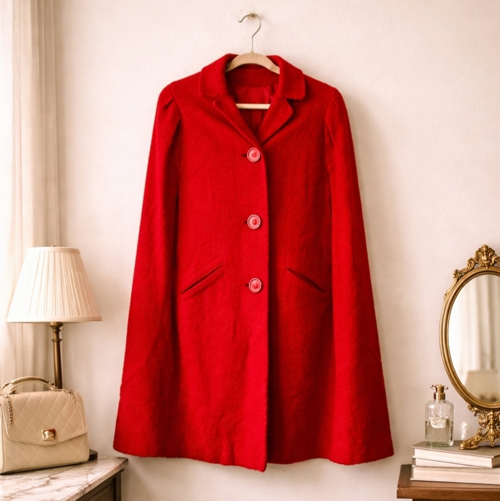 Vintage Meringue Mohair Cape Coat One Size Red Sleeveless Wool EUC